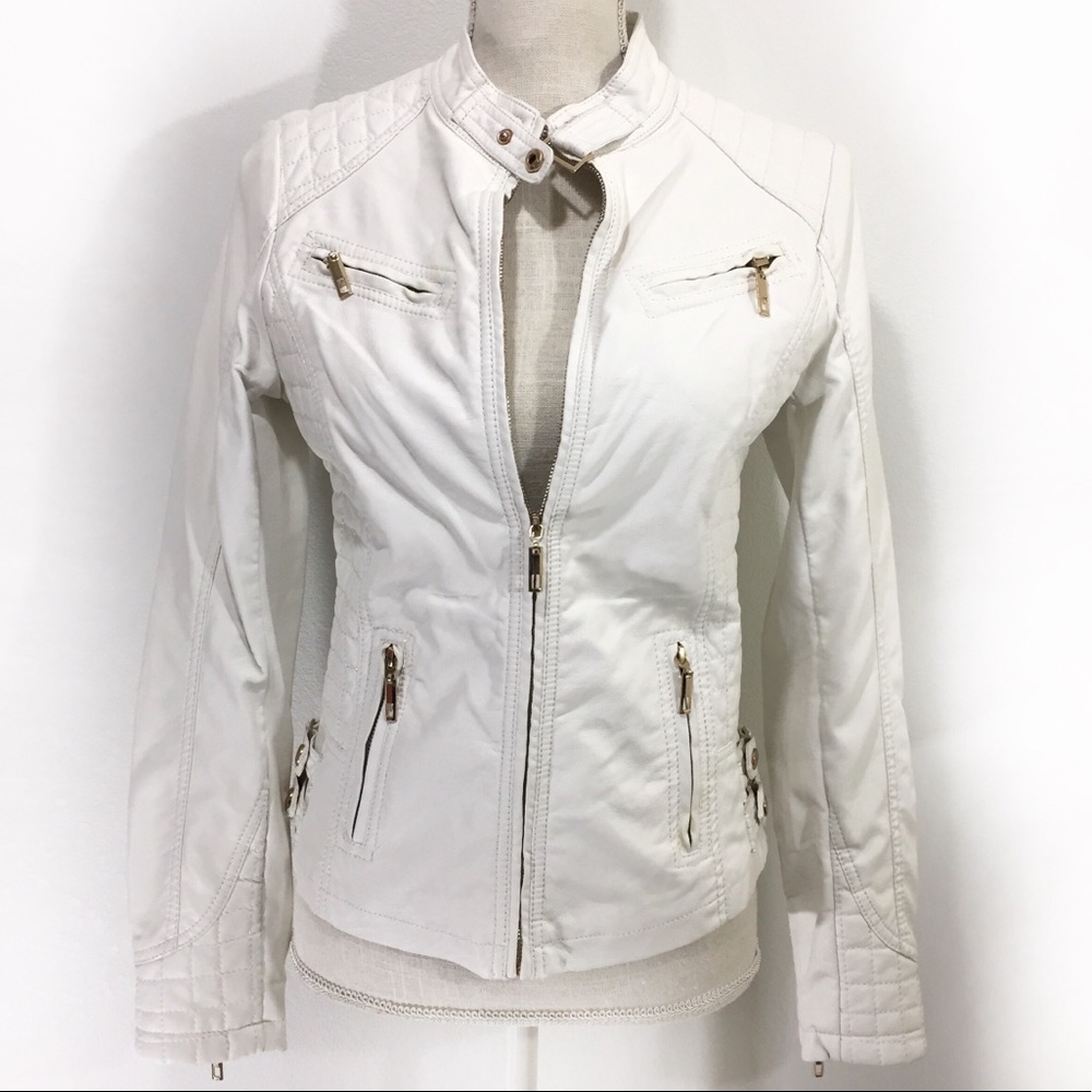 Cream Moto Jacket Vegan Leather Forever 21 Sz M